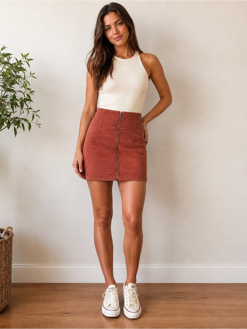 Twenty-Seven Rust Terracotta Zip Front Stretch Denim Mini Skirt